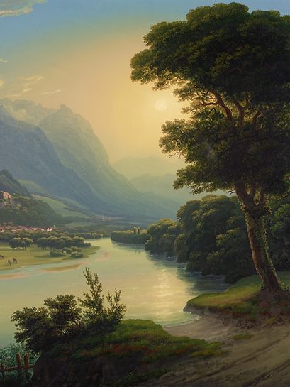 Johann Jakob Schmidt, detail from “View of Vaduz from the Swiss bank of the river Rhine,” 1833