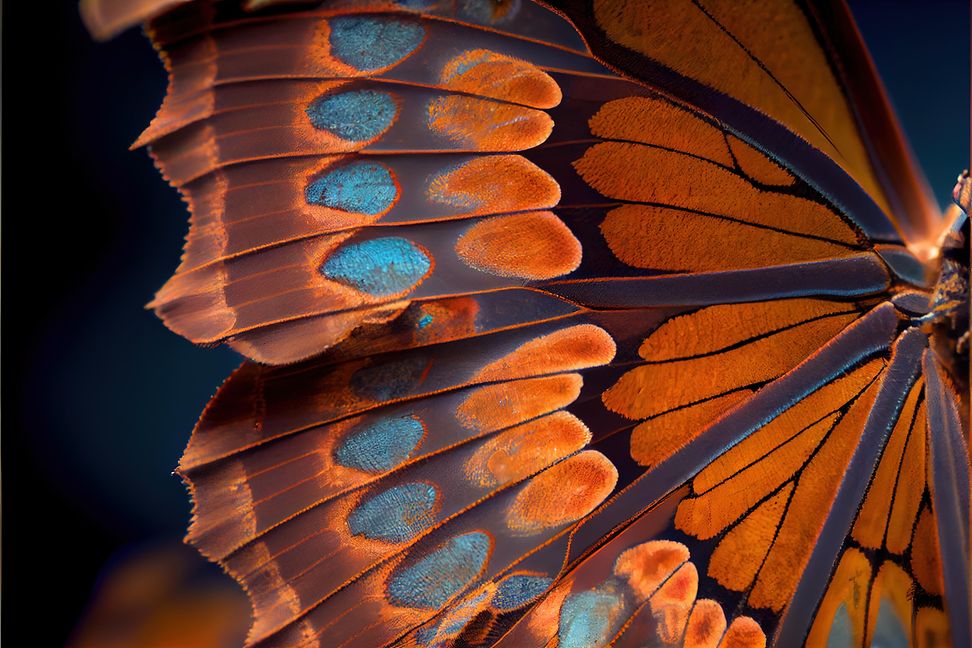 Close-up of butterfly wings with blue-orange gradient and black veins, symbolizing change and beauty.